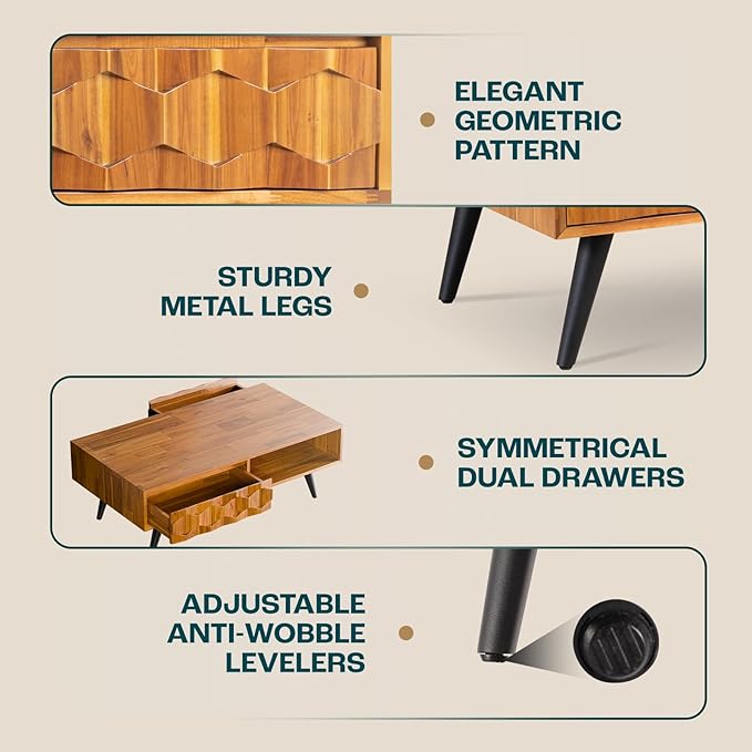 Bme Georgina Solid Wood Coffee Tables for Living Room, Coffee Table Mid Century Modern with 2 Symmetrical Storage Drawers & Geometric Details, Fully Assembled Center Table, Teak Brown