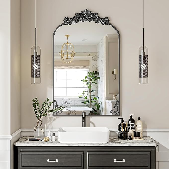24x36 inch Vintage Arched Bathroom Mirror - Gorgeous Wall Vanity Mirror with Beautiful Retro Top and Bottom Engraving Process Frame for Entryway Hallway Living Room, Black
