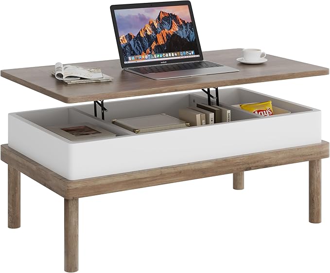Shintenchi Coffee Table, Lift Top Coffee Table with Hidden Compartment, Rising Tabletop Dining Table, Lift Top Coffee Center Table for for Living Room, Office, Home (Ivory)