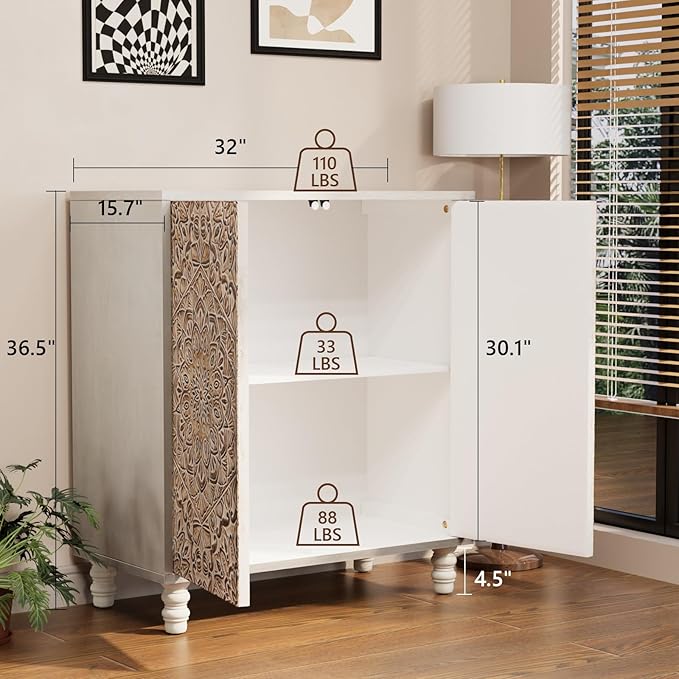 COSIEST 32" W Sideboard Buffet Cabinet with Storage, Accent Cabinet with 2 Push-to-Open Magnetic Doors, Vintage MDF Buffet Table for Living Room, Kitchen, Hallway (Gray,Firework Pattern)