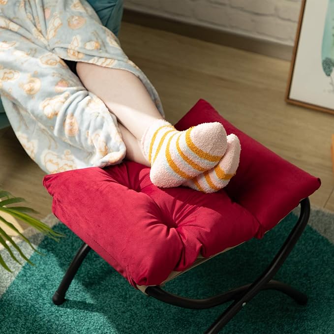 HollyHOME 15"(H) Folding Footrest Stool, Upholstered Small Foldable Ottoman, Accent Padded Sofa Foot Stool for Lazy Chair, Metal Frame Portable Foot Rest Ottoman for Living Room, Bedroom, Burgundy