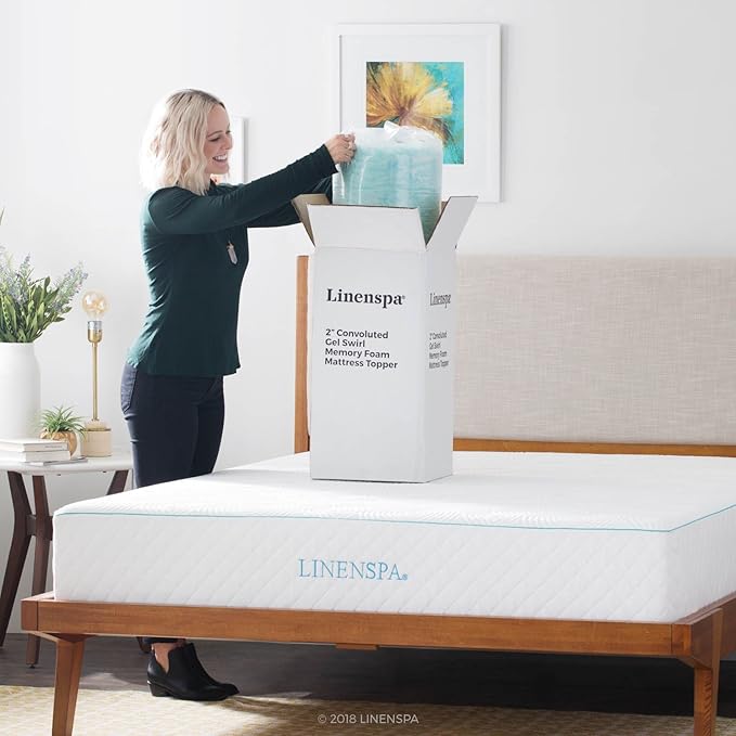 Linenspa Convoluted Gel Memory Foam, 2 Inch, Promotes Airflow, Relieves Pressure Points, Evenly Disperses Body Weight Mattress Topper, Twin XL, Blue Swirl