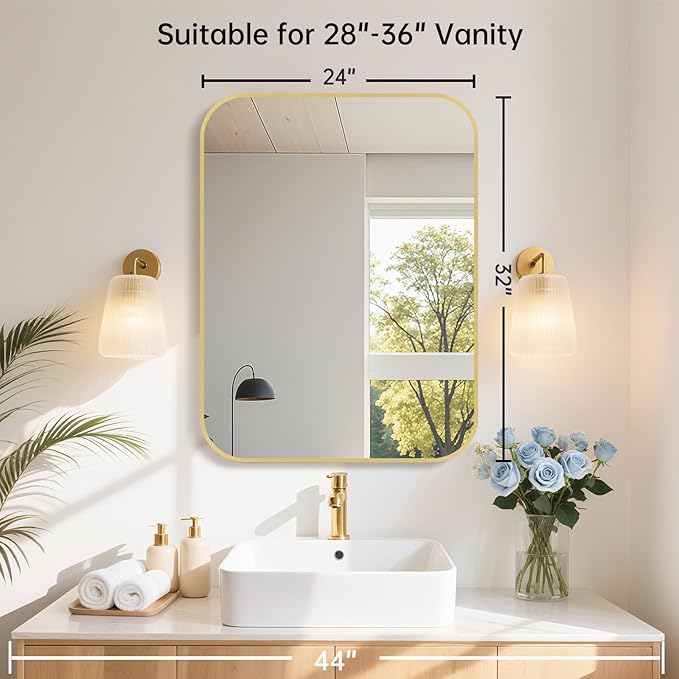 24x32 Inch Gold Bathroom Mirror, Brushed Gold Metal Framed Rectangular Mirror with Rounded Corner, Bathroom Vanity Mirror for Bedroom or Living Room, Horizontal/Vertical