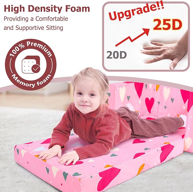 Kids Couch, 2-in-1 Kids Fold Out Sofa, Convertible Toddler Couch to Lounger for Girls and Boys, Soft Toddler Chairs Comfy 1-3 Years Old(Pink Heart)