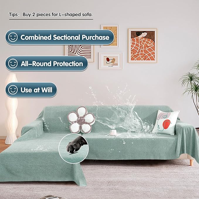 STACYPIK Thick Dual Waterproof Couch Cover Water Resistant Sea Green Sofa Cover for 3 Cushion Couch Non-Slip L Shaped Sectional Sofa Leakproof Furniture Protector Cover for Kid Pet Dog Cat-71X150IN
