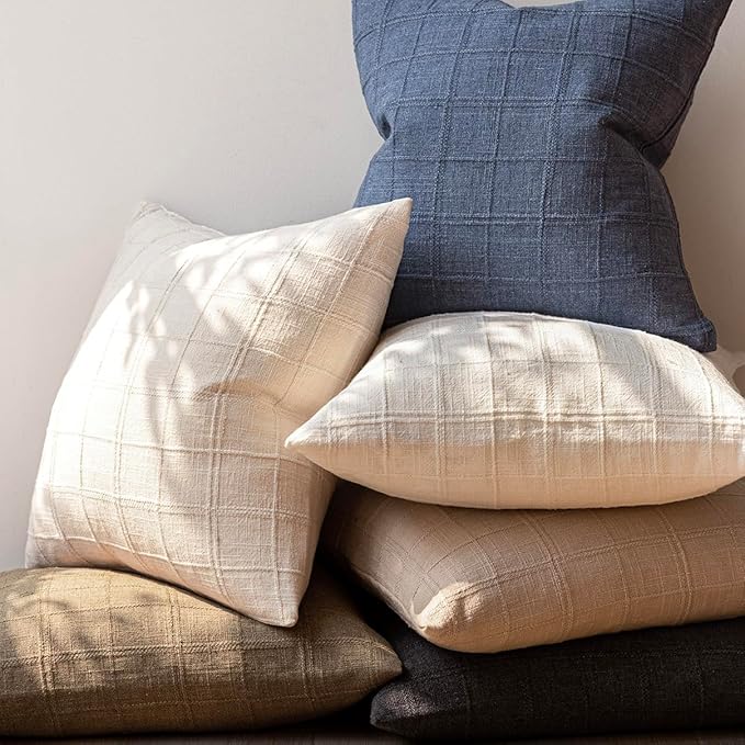 Foindtower Set of 2 Decorative Linen Check Throw Pillow Covers Neutral Farmhouse Vintage Cushion Covers Modern Boho Home Decor For Sofa Chair Couch Bedroom Living Room Outdoor,16×16 Inch,Natural Beige