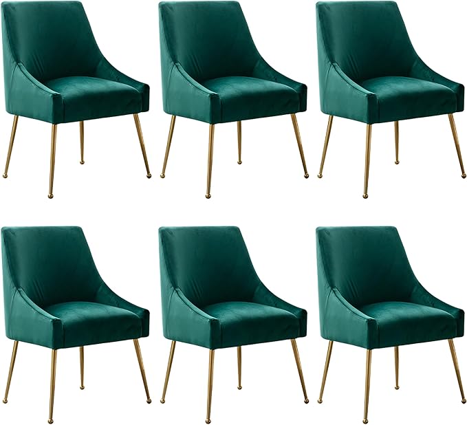 Modern Velvet Dining Chairs Set of 6, Contemporary Upholstered Furniture Collection with Polished Gold Metal Legs, Elegant Accent Chairs for Kitchen Living Room(Green)
