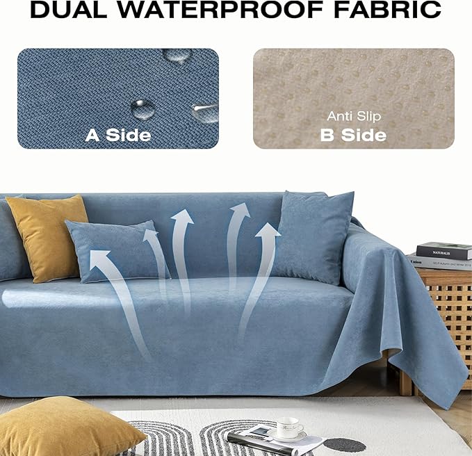 STACYPIK Blue Waterproof Blue Couch Cover, Sofa Cover for 3 Cushion Couch Pet-Friendly, Non-Slip Anti-Scratch Couch Cover for Dogs, L Shaped Sectional Cover, Washable Furniture Protector-71X134IN