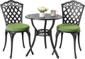 NUU GARDEN 3-Piece Patio Bistro Set Outdoor Cast Aluminum Bistro Table and Chairs Set of 2, Outdoor Patio Bistro Set with Umbrella Hole and Green Cushions for Patio Balcony, Black