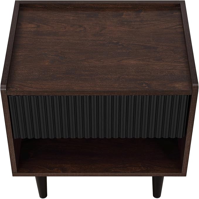 Manhattan Comfort Duane Modern Ribbed Nightstand, Bedside Table with Full Extension Drawer and Open Shelf, Industrial Chic Living Room and Bedroom Furniture, Black