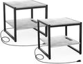 Homieasy End Table with Charging Station, 20 Inch Square Side Table with USB Ports & Power Outlets, Black Nightstand with 2-Tier Storage Shelf, Mini Fridge Stand for Small Spaces, Black -2 Pack