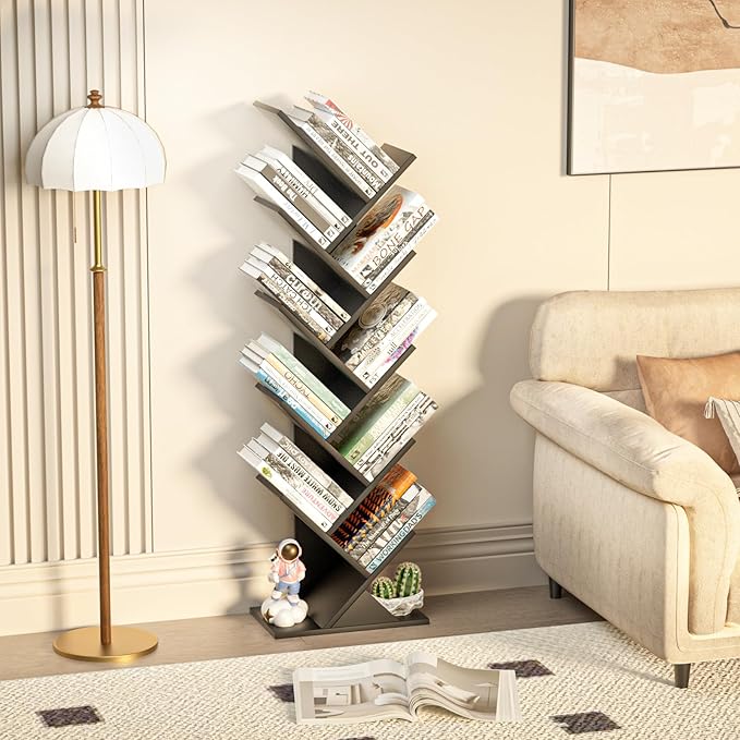 10 Tier Tree Book Shelf, Floor Standing Wood Bookshelf for Narrow Space, Storage Organizer Bookshelves for Books/CDs/Magazine, Bookcase with Shelves for Home Office, Living Room - Black