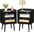 Nightstand Rattan with Charging Station, Mid Century Modern Bed Side Table, Boho End Table with Wood Legs, Bedside Tables for Bedroom Living Room (2, Black, 11.8" D x 15.9" W x 23.4" H (1 Drawers))