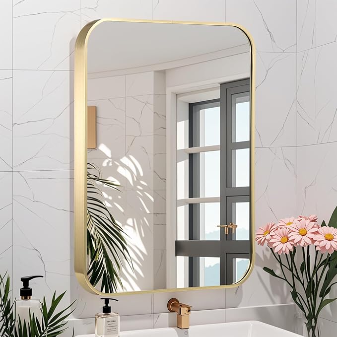 24x36 Inch Gold Bathroom Mirror, Brushed Gold Metal Framed Rectangular Mirror with Rounded Corner, Wall Mounted Vanity Mirror for Bedroom or Living Room, Horizontal/Vertical