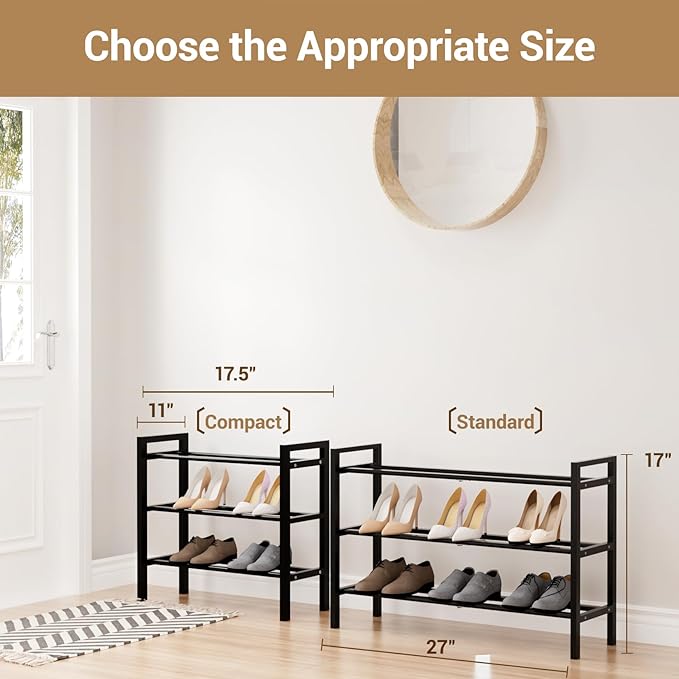 Haddockway Bamboo Shoe Rack for Closet, Free Standing Shoe Organizer with Smooth Round Rods & Convenient Handles, Stackable Shoe Storage Shelf for Entryway, Hallway(Black, 3-Tier)
