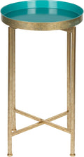 Kate and Laurel Celia Round Metal Foldable Tray Accent Table, Teal with Gold Base