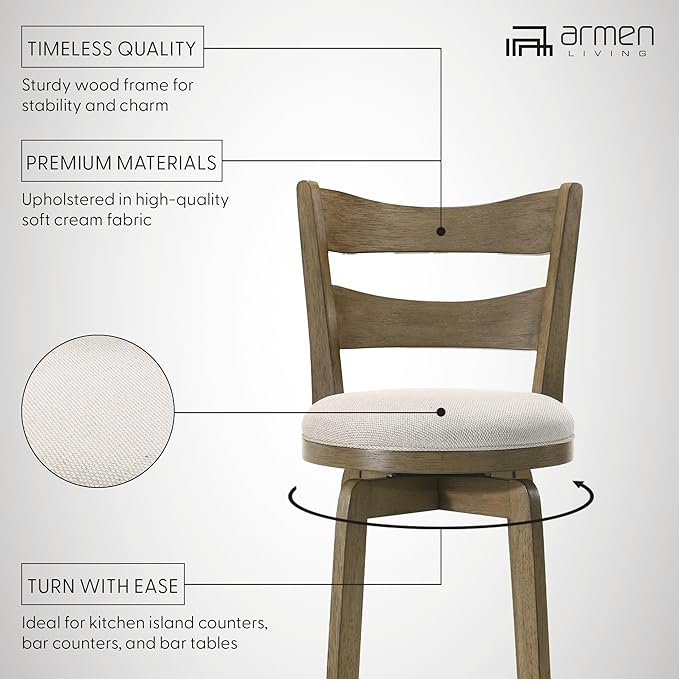 Armen Living Blair 26 in. Putty Brown Counter Height Rubberwood Swivel Barstool with Cream Fabric Seat - Set of 2