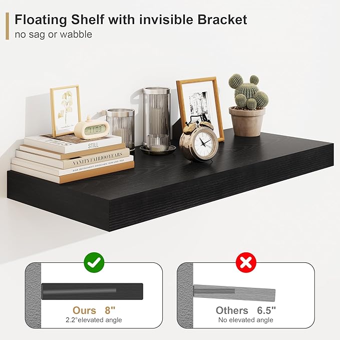 Heimlove Black Bathroom 12'' Deep Floating Shelves for Wall - Shelf Over Toilet Wall Mounted Farmhouse 24 inches,Rustic Wood Shelves Decor & Storage,Set of 1