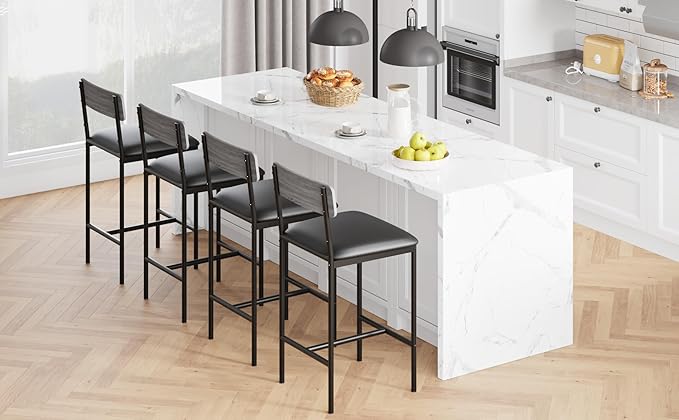GarveeHome Bar Stools Set of 4, Upholstered Counter Height Bar Stools with Backrest and Footrest, Kitchen Barstools for Island, Counter Bar, Easy Assembly, Rustic Gray