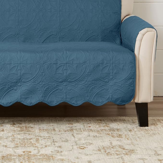 Great Bay Home Medallion Stitched Solid Furniture Protector Stain Resistant Durable Furniture Protector Elenor Collection (Loveseat, Smoke Blue/Ivory)