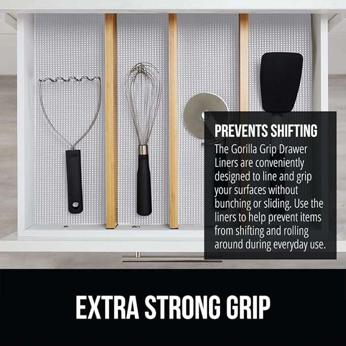 GORILLA GRIP powerGRIP Drawer Shelf and Cabinet Liner, Thick Strong Hold, Non-Adhesive Liners Protect Kitchen Cabinets and Cupboard, Bathroom Drawers, Easy Install, Breathable Mat, 17.5" x10', Lt Gray