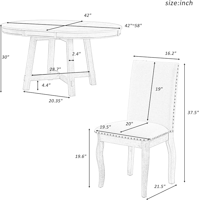 Merax 5-Piece Farmhouse Dining Furniture Set, Wooden Round Extendable Table, and 4 Upholstered Chairs, Natural Wood Wash