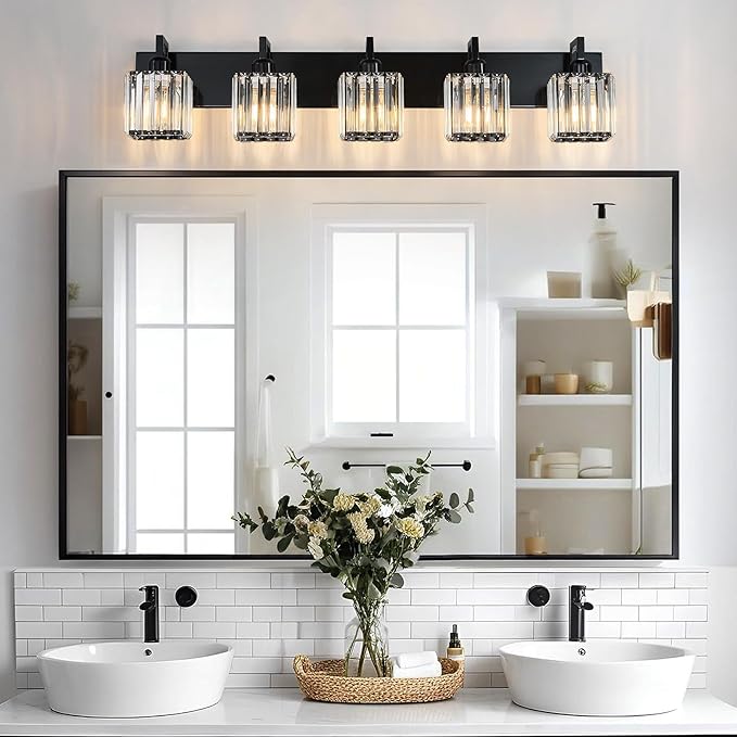 Modern Bathroom Vanity Light 5-Lights Plating Black Crystal Bathroom Wall Light Vanity Light Fixtures