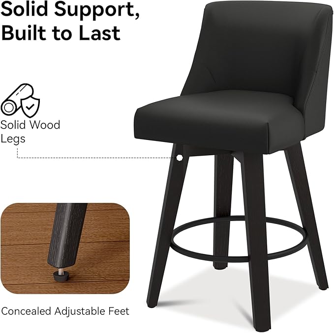 Counter Height Swivel Bar Stools Set of 4, 26 Inch Bar Stools with Footrest, Faux Leather Upholstered Barstools with Back and Solid Wood Legs for Kitchen Island, Dining Room,Pub,Black