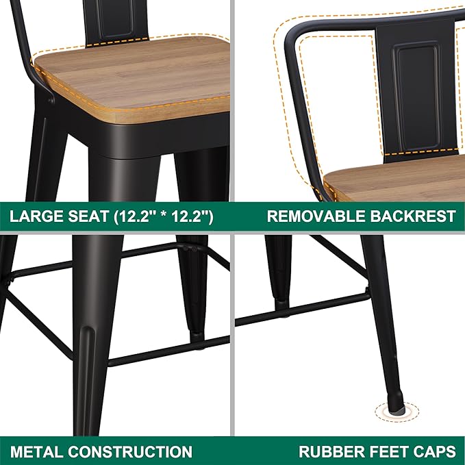 WENTMENT Metal Bar Stools Set of 2 Counter Height Barstools with Removable Back 26" Kitchen Bar Stools with Wooden Seat, Black