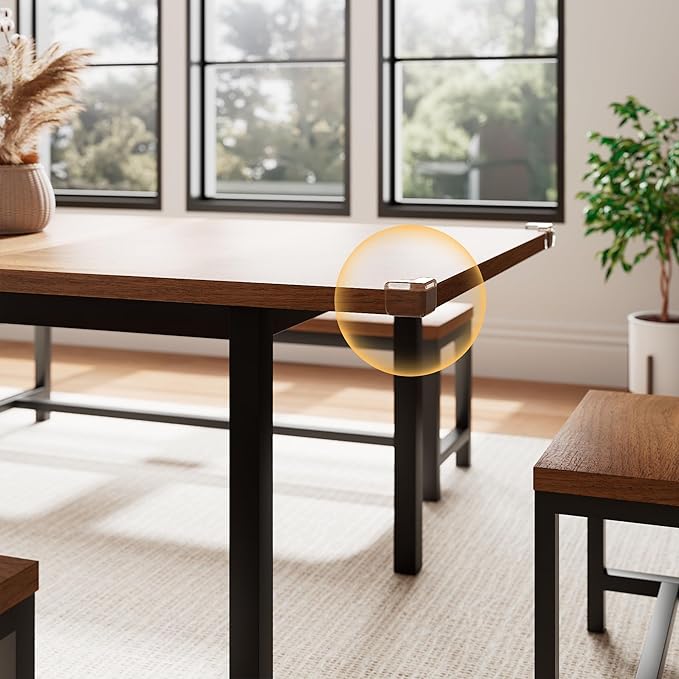 5 Pieces Dining Room Table Set for 4-6, 63" Extendable Kitchen Table Set with 2 Benches & 2 Stools, Small Dining Table Set with Metal Frame & MDF Board, Walnut