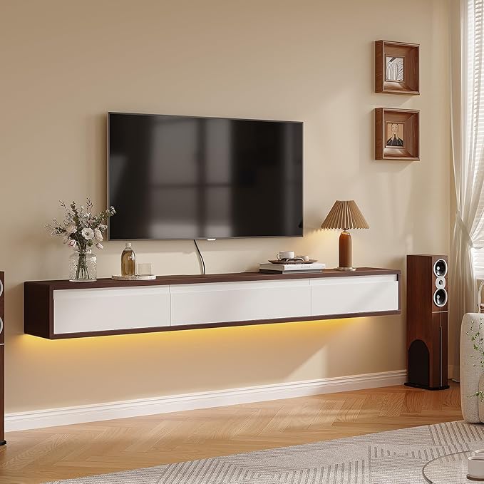 Floating TV Stand High Gloss,70'' Wall-Mounted TV Cabinet,Floating TV Console,Under TV Shelf with 3 Doors for Living Room Bedroom(Walnut+White)