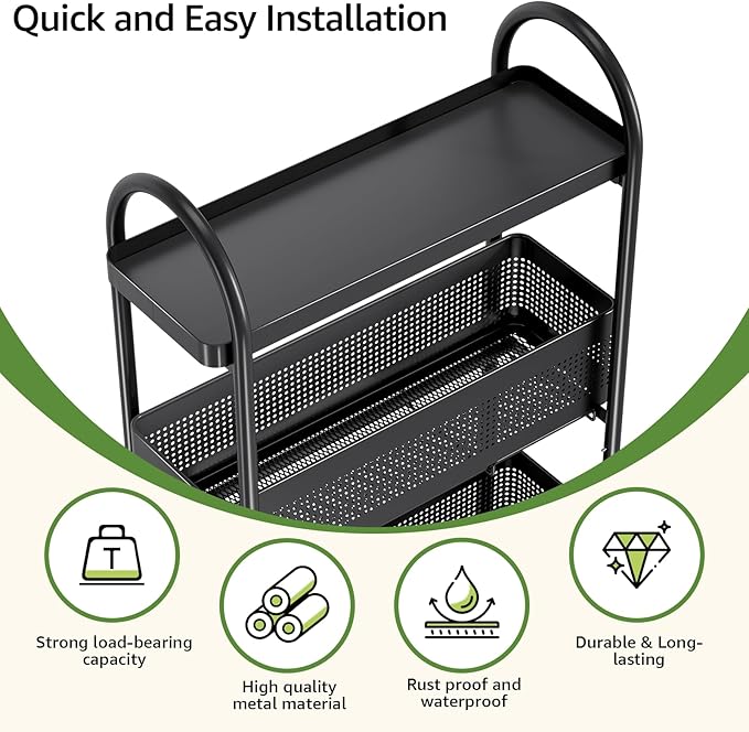 KINGRACK 4-Tier Slim Storage Cart with Pull Out Basket, Rolling Bathroom Organizer Utility, Metal Shelving Unit Slide Out, Lockable Wheels, Easy Assembly for Narrow Place, Kitchen, Laundry Room, Black