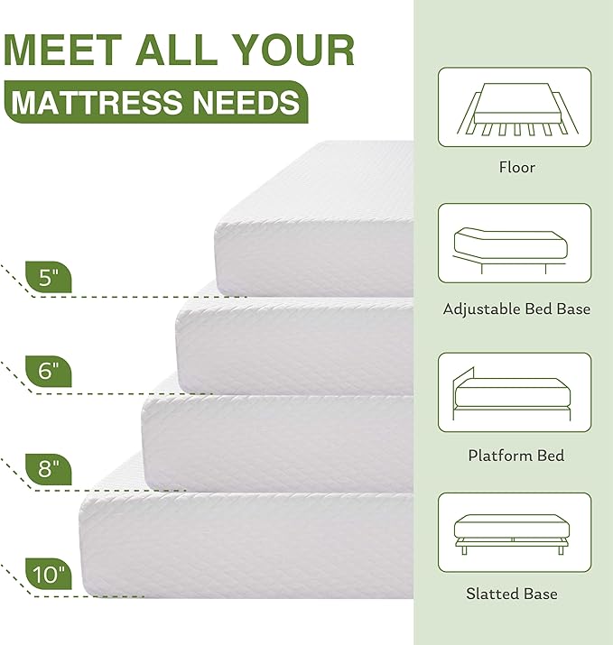 6 Inch Full Size Mattress for Kids, Memory Foam Mattress with Cooling Green Tea Gel, Relieve Pressure with Medium Firm Support, CertiPUR-US Certified, 75''L x 54''W, White