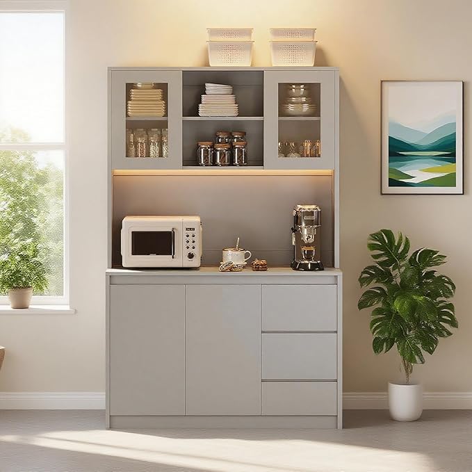 Kitchen Pantry Cabinet,71" Tall Storage Cabinet with Doors and Shelves Adjustable, Kitchen Storage Hutch with Microwave Shelf, Led Lights and Charging Station,Corner Pantry Cabinet,Grey