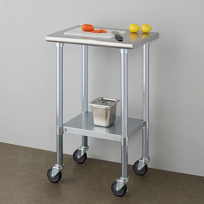 ROCKPOINT Stainless Steel Table for Prep & Work with Caster Wheels 18x24 Inches, NSF Metal Commercial Kitchen Heavy Duty Table with Adjustable Under Shelf and Table Foot for Restaurant, Home and Hotel