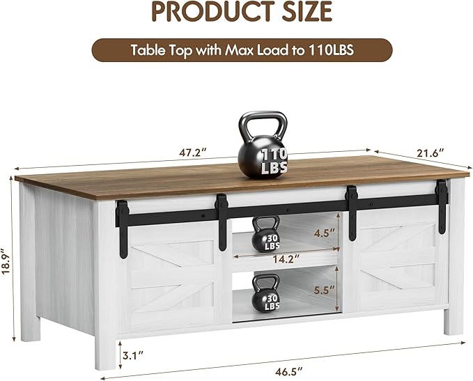 YESHOMY Coffee Table with Sliding Barn Doors & Storage, Wooden Center Rectangular Cabinet with Adjustable Shelves, for Livingroom, Bedroom, Home Office, White