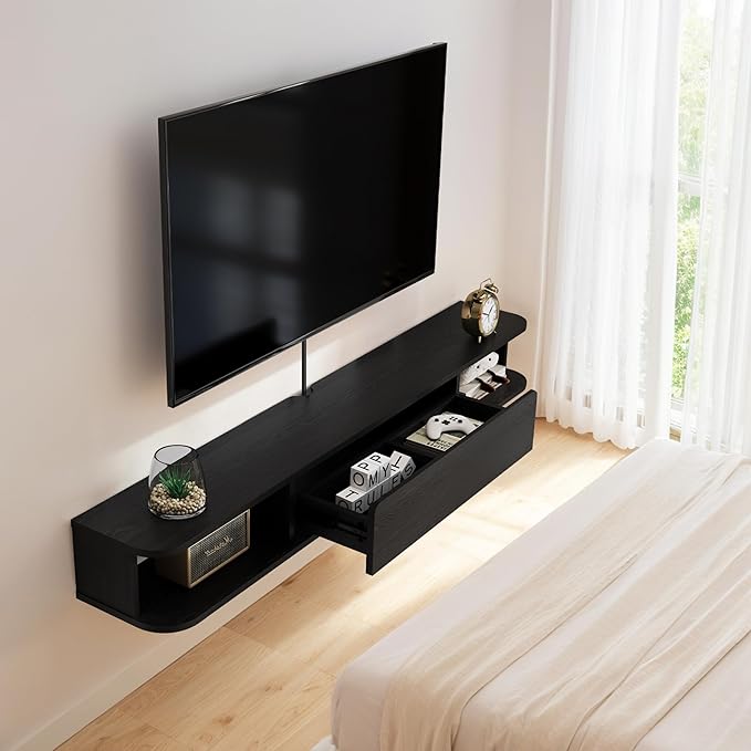 Pmnianhua Floating TV Stand with Drawer,66'' Wall-Mounted TV Cabinet,Floating TV Console,Under TV Entertainment Shelf with Storage for Bedroom Living Room(Black)