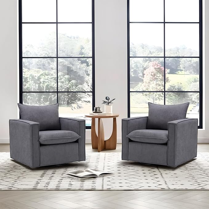 COLAMY Swivel Accent Chair Set of 2, 34 Inches Wide Upholstered Arm Chair with Plump Back Pillow, Modern Sofa Living Room Chair for Bedroom, Corner, Reading Nook-Grey