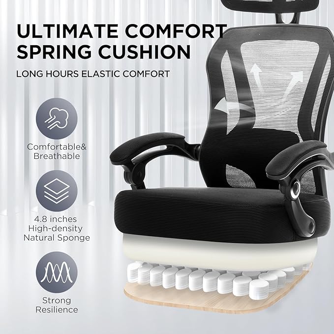 Ergonomic Office Chair with Footrest,Ultra Thick Reclining Office Desk Chair with Adjustable 2D Lumbar Support and Headrest,Spring Cushion,High Back Premium Mesh Computer Chair Office Chairs,Black