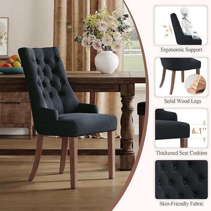 COLAMY Wingback Upholstered Side Dining Room Chairs Set of 4, Fabric Dining Chairs with Tufted Button, Living Room Chairs for Home Kitchen, Black