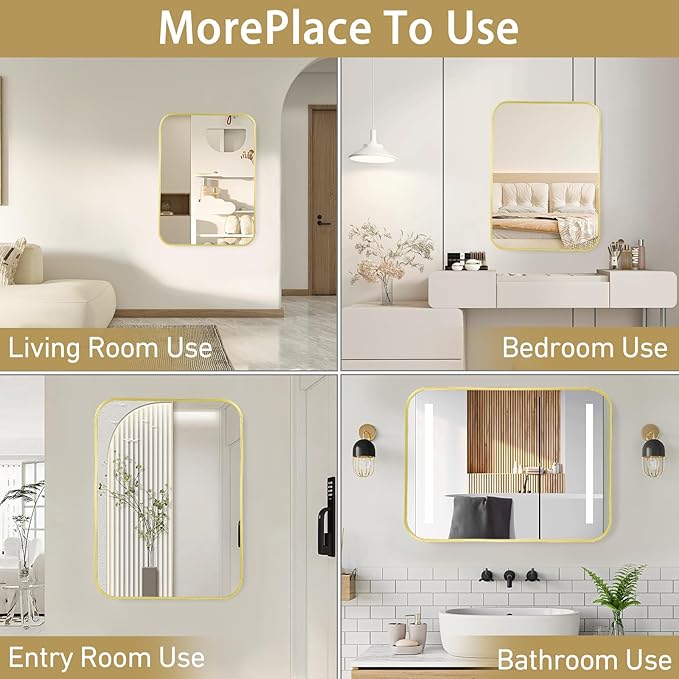 24x36 Inch Bathroom Mirror for Wall,Matte Gold Framed Rectangle Mirror with Rounded Corner,Aluminum Alloy Framed Brushed Wall Mirror for Bedroom or Living Room,Vertical or Horizontal