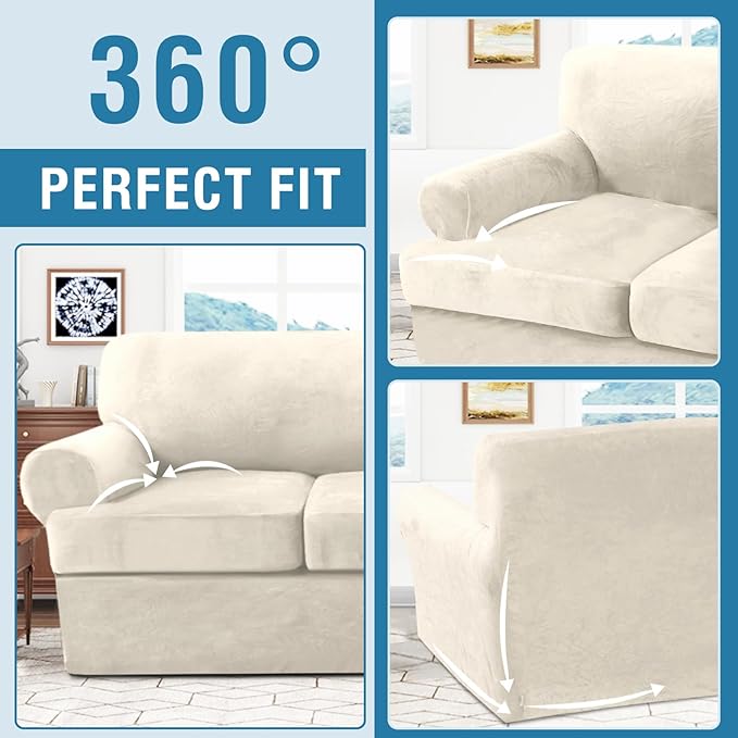 H.VERSAILTEX Sofa Cover 3 Piece T Cushion Sofa Slipcovers Thick Velvet Couch Cover Furniture Protector Stretch Sofa Covers for 2 Cushion Couch with 2 Individual T Cushion Covers Washable, Ivory