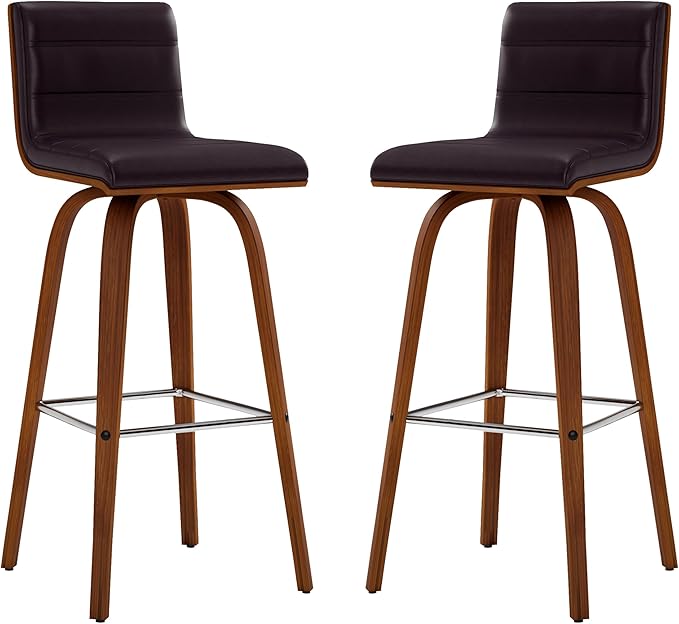 Vienna 30" Swivel Bar Stool in Walnut Wood Finish with Brown Faux Leather - Set of 3