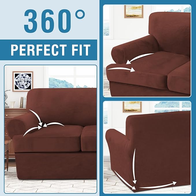 H.VERSAILTEX Sofa Cover 4 Piece T Cushion Sofa Slipcovers Thick Velvet Couch Cover Stretch T Cushion Sofa Covers for 3 Cushion Couch with 3 Individual T Cushion Covers, Burnt Brick