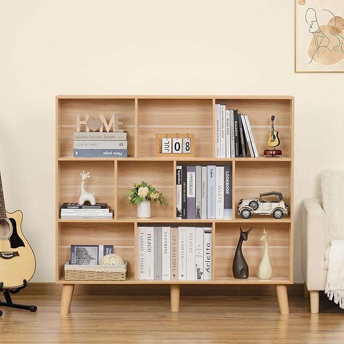 LEYAOYAO 10 Cube Bookshelf,3 Tier Modern Wide Bookcase with Legs,Mid-Century Wood Bookshelves Storage,Natural Large Book Case,Freestanding Organizer Display Shelf for Bedroom,Living Room,Office