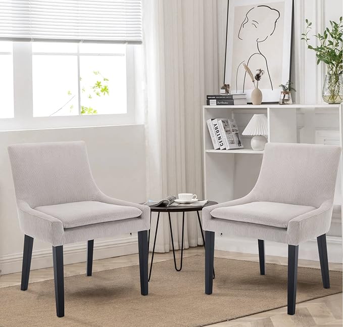 COLAMY Modern Dining Chairs Set of 2, Upholstered Corduroy Accent Side Leisure Chairs with Mid Back and Wood Legs for Living Room/Dining Room-Beige