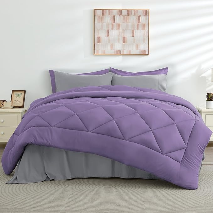 HEVUMYI Cali-King Comforter Set - 7-Piece All Season Bed in a Bag Cali-King, Ultra Soft Bedding Set with Comforter, Flat Sheet, Fitted Sheet, Pillowcases, Pillow Shams, Purple & Light Grey