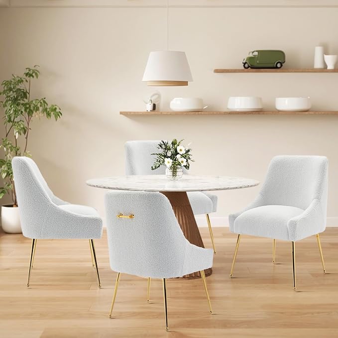Modern Velvet Dining Chairs Set of 6, Contemporary Upholstered Furniture Collection with Polished Gold Metal Legs, Elegant Accent Chairs for Kitchen Living Room(Teddy Fleece,White)