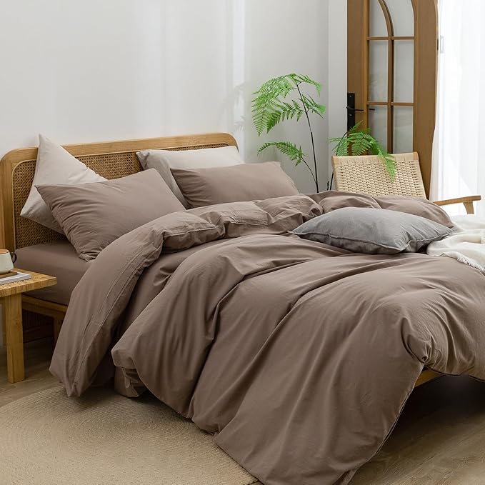 BESTOUCH Duvet Cover Set 100% Washed Cotton Linen Feel Super Soft Comfortable Chic Lightweight 3 PCs Home Bedding Set Solid Pine Bark Brown Cal King