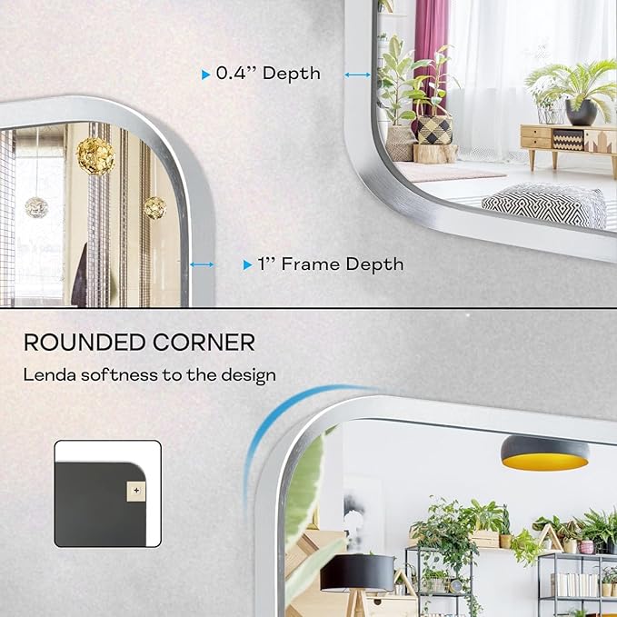 Brushed Nickel Bathroom Wall Mirror, Silver Metal Framed Large Rounded Corner Rectangle Mirror, Tempered Glass, Shatter Proof, Hangs Horizontally or Vertically (40" x 30", Silver)